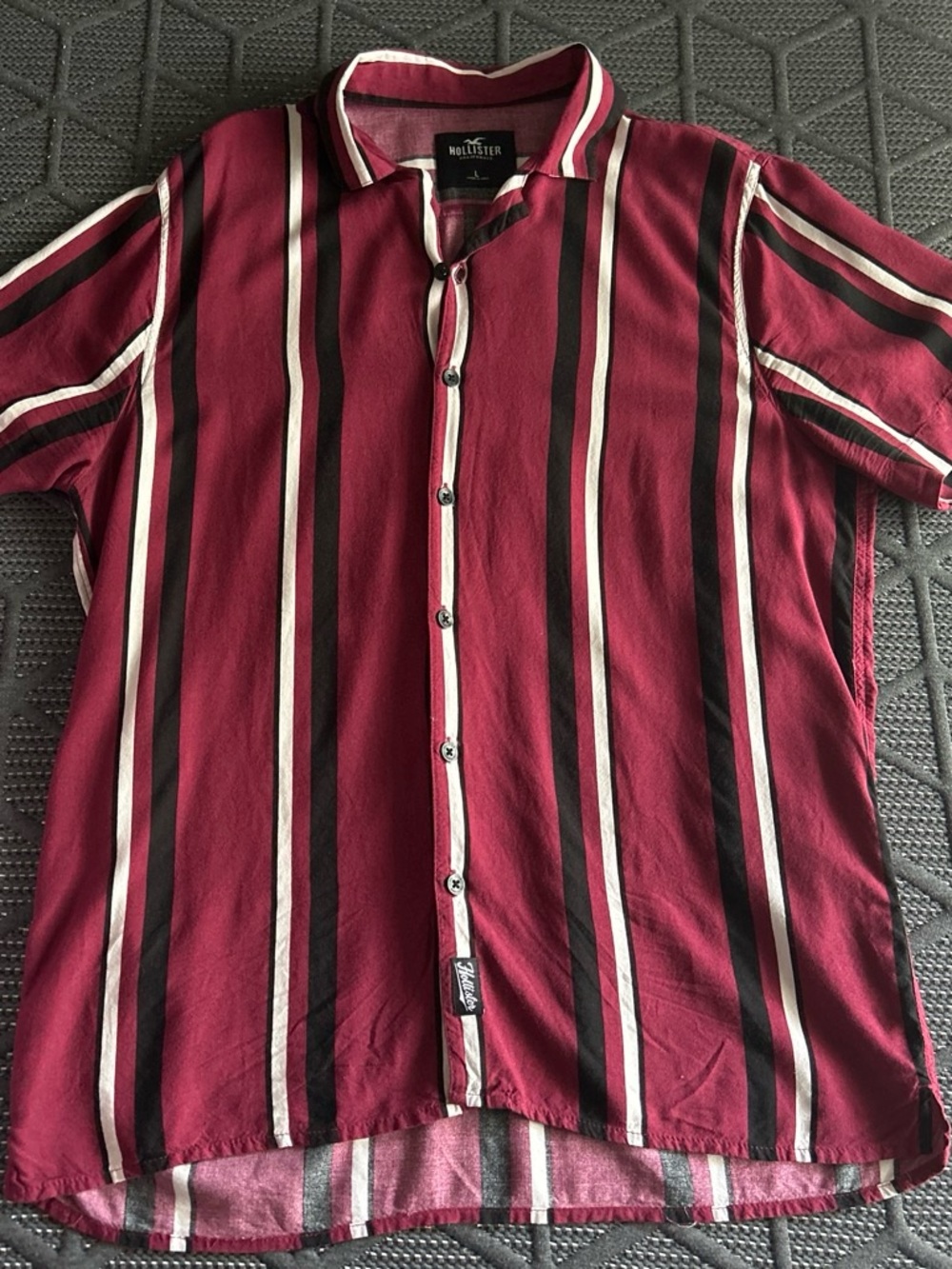 Hollister Burgundy, Black & White Vertical Stripe Short-Sleeve Button-Up